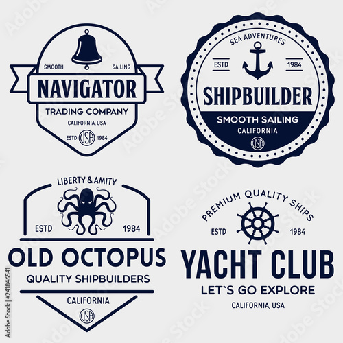 Set of sea and nautical typography badges and design elements. Templates for company logo. Marine cruise, yacht club, trading companym, shipbuilding and other themes.
