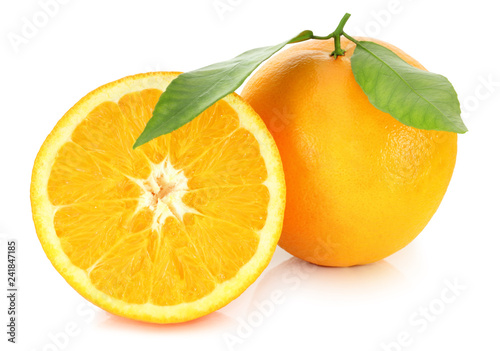 Fresh oranges (Citrus) with leaves isolated on white background, including clipping path without shade. Germany