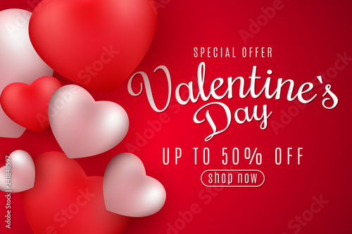 Valentine's Day banner for sale. Romantic 3D hearts on a red background. Special offer. Lettering and calligraphy. Festive web banner. Vector illustration