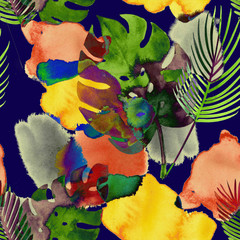 Fototapete Eklektische Muster Aquarell Monstera mit Boho Tropen  © graficanto