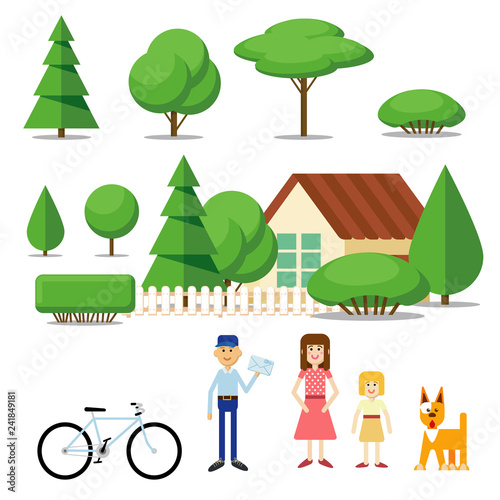 Elements to create a landscape. House, trees, people.