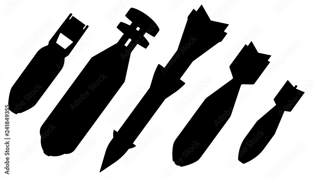 Aerial bomb, set vector silhouette. Air aviation aircraft bomb, ballistic missile, nuclear weapon