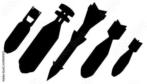 Aerial bomb, set vector silhouette. Air aviation aircraft bomb, ballistic missile, nuclear weapon photo