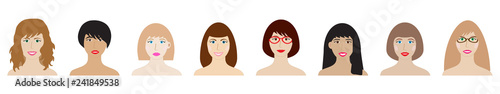 Faces of women set vector illustration. Beautiful young girls portrait avatar, isolated