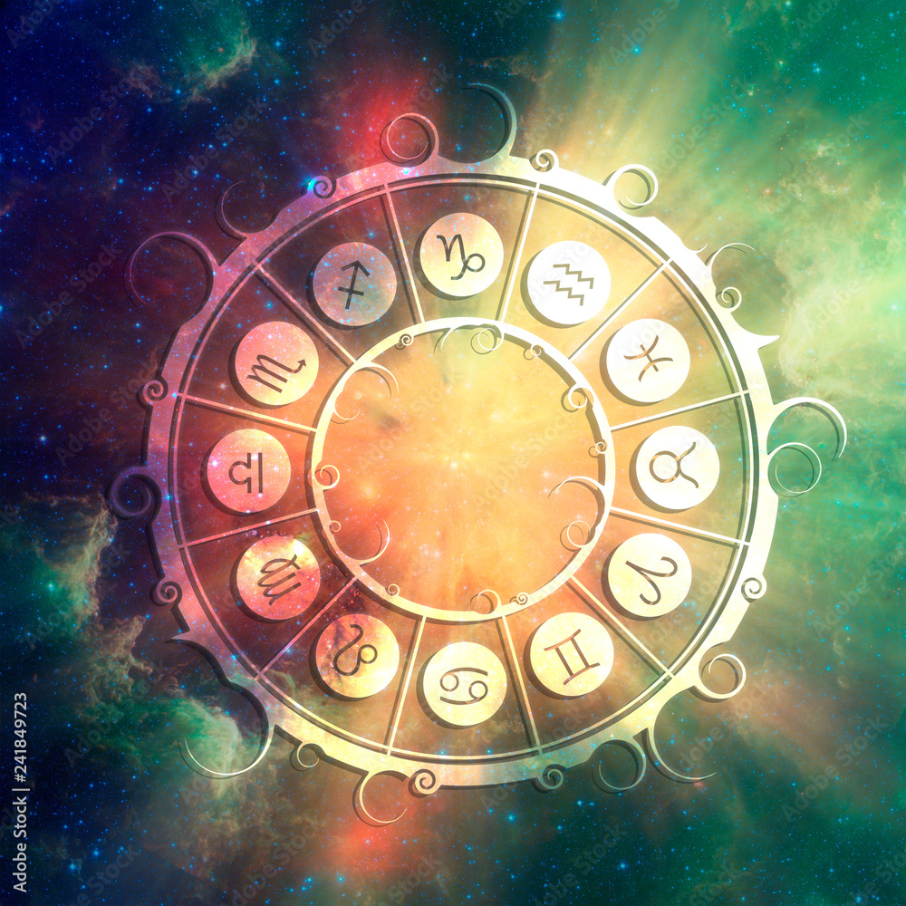 Astrological symbols in the circle. Elements of this image furnished by NASA. Deep space filled with stars, nebula and galaxy.