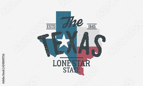 Texas State logo, emblem, label. The Lone Star State. Print for T-shirt, typography. USA Texas vintage design. Texas flag map. Vector illustration