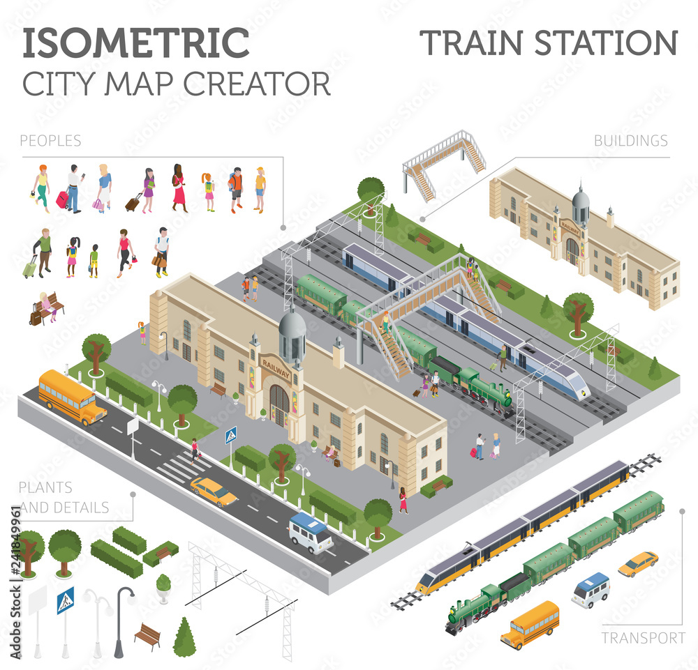 3d isometric Train station and city map constructor elements isolated on white. Build your own railway infographic collection