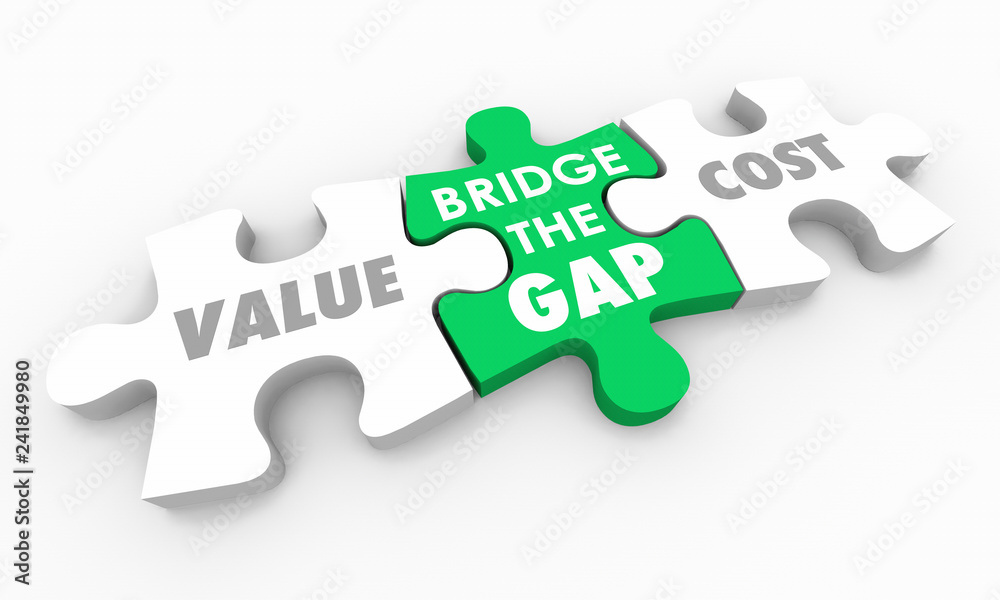 Value Vs Cost Bridge the Gap Puzzle Pieces 3d Illustration Value Vs Cost Bridge the Gap Puzzle Pieces 3d Illustration