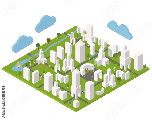 Isometric town constructor set for creating your city map. Simple minimalistic office buildings design