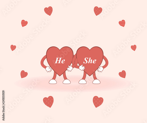 Valentine's day: cute red hearts with inscriptions `He` and `She` hold hand in hand on a pink background surrounded by original hearts in polka dots, stripes and checkered.Vector illustration