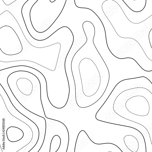 Terrain topography. Admirable topography map. Black and white seamless design, cool tileable isolines pattern. Vector illustration.