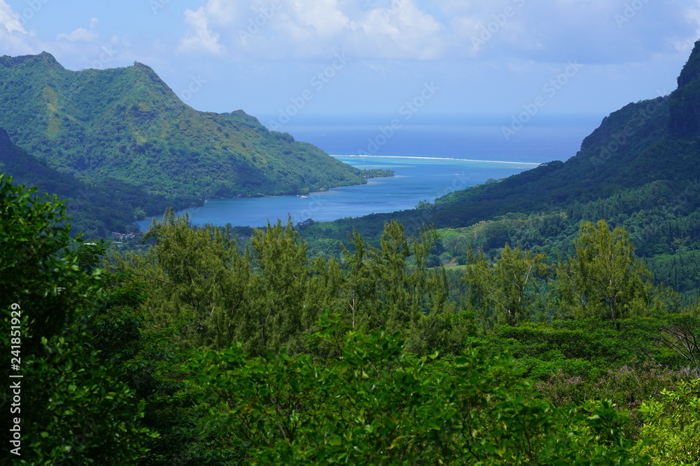 Landscape view overlooking Cook and Opunohu Bays in the island and lagoon of Moorea near Tahiti in French Polynesia, South Pacific, seen from the picturesque Belvedere Lookout