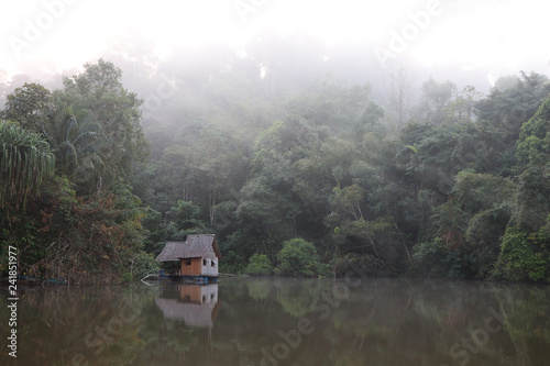 Small cottage on lake in the forest with morning mist in the nature background