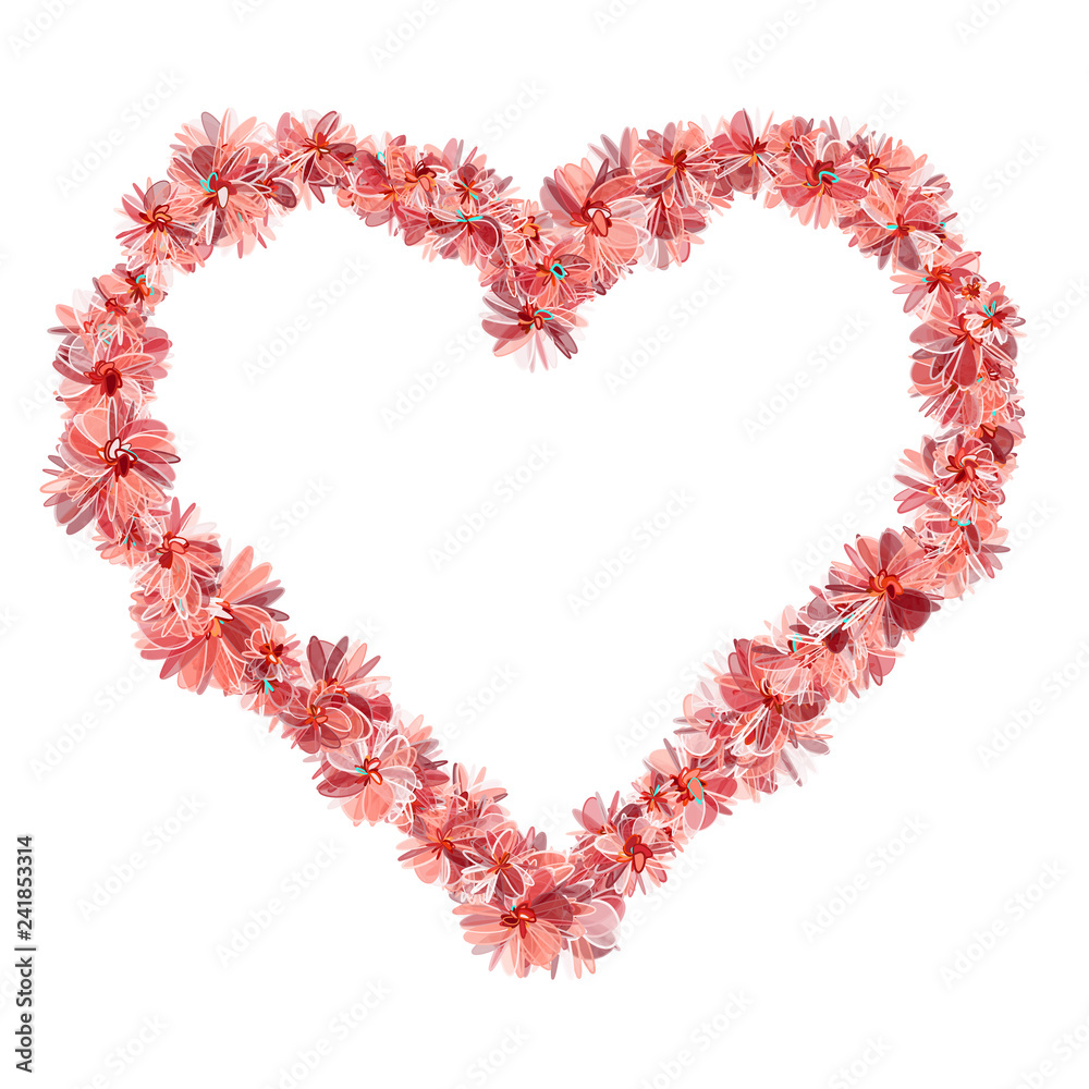 Heart oulined with flowers in gentle coral colors. Isolated design element for advertising.