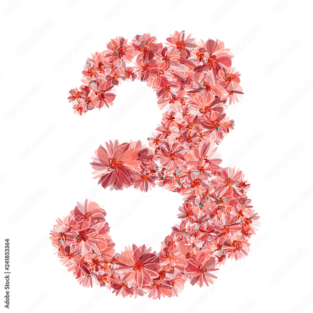 Isolated fine detailed design element for advertising. Number three filled with flowers in gentle coral colors.
