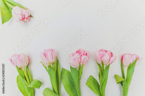 Fototapeta Naklejka Na Ścianę i Meble -  Spring greeting card. Bouquet of fresh light pastel pink tulips flowers on white wooden background. Happy holiday easter mother day anniversary valentine birthday concept. Flat lay top view copy space