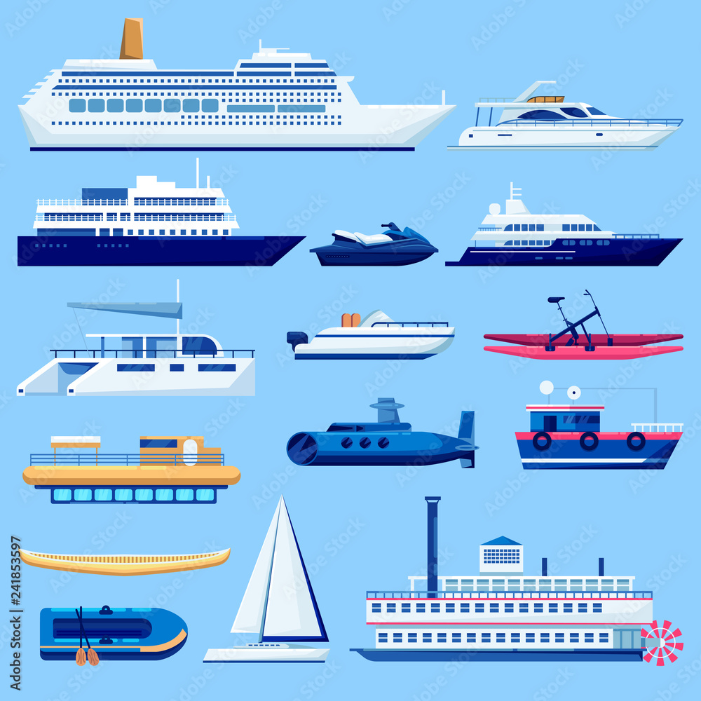 Water vessel transport icons set. Vector flat vehicle illustration. Sail boats, cruise ship, yacht on blue background