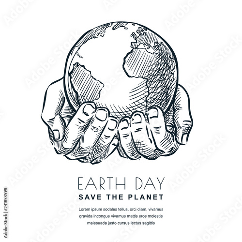 Vettoriale Stock Earth Day vector sketch illustration. Hands holding Earth  planet. Banner, poster design for environmental ecology themes | Adobe Stock