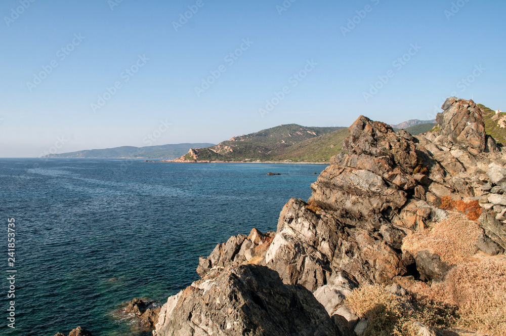 View of the coast and small islands in the sea near Ajaccio, the largest city on the island of Corsica