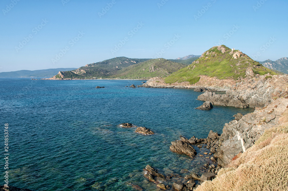 View of the coast and small islands in the sea near Ajaccio, the largest city on the island of Corsica