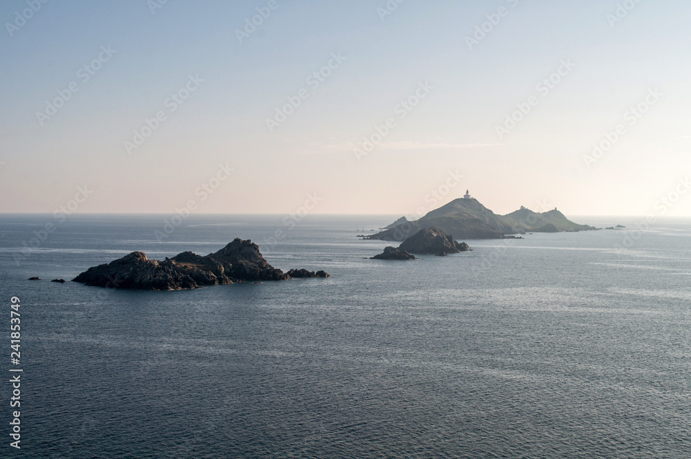 View of the coast and small islands in the sea near Ajaccio, the largest city on the island of Corsica