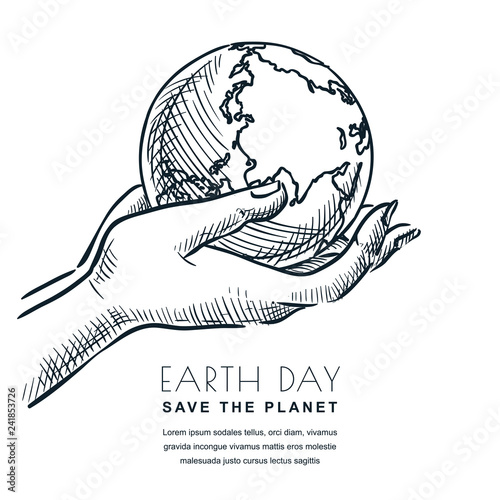 Earth Day vector sketch illustration. Hands holding globe. Banner or poster design template for ecology themes.