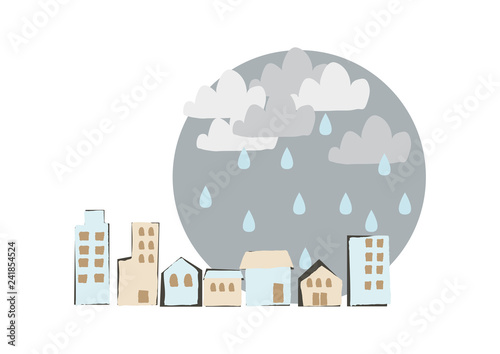 雨が降る街。 街並みのイラスト。 都市の景色。 雨のイメージイラスト。 梅雨の季節の為のイラストレーション。 季節のクリップアート。