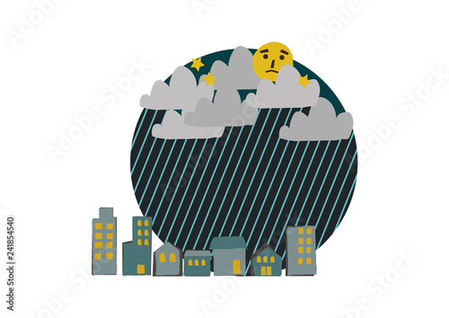 雨が降る街。 街並みのイラスト。 都市の景色。 雨のイメージイラスト。 梅雨の季節の為のイラストレーション。 季節のクリップアート。