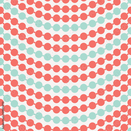 Multicolor strands of pearls alternate between coral and turquoise in this seamless vector pattern. Pretty, feminine, swagged necklace background. For fashion, home decor, textiles and stationery use.