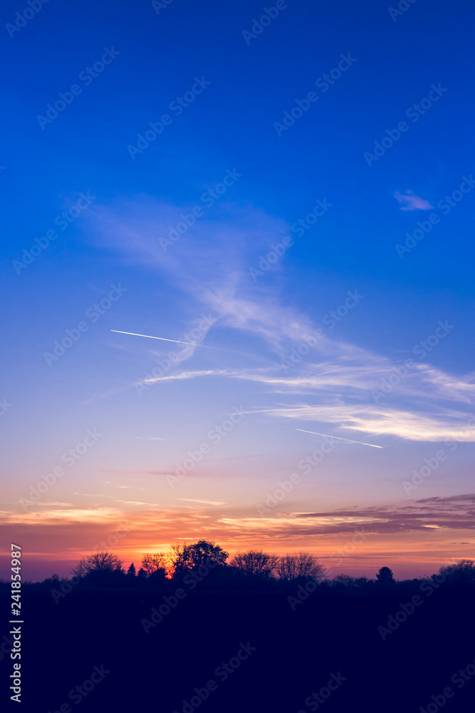 Sun behind trees at sunset with little clouds on blue sky