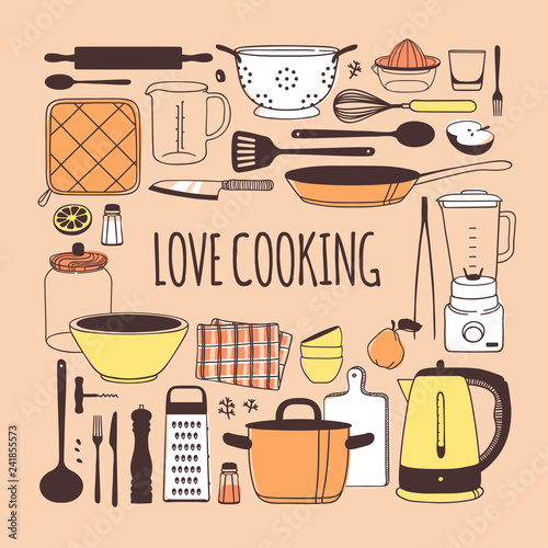 Hand drawn illustration cooking tools, dishes, food and quote. Creative ink art work. Actual vector drawing. Kitchen set and text LOVE COOKING