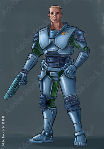 Concept art digital painting or illustration of science fiction futuristic military soldier character in armor holding pistol gun weapon.