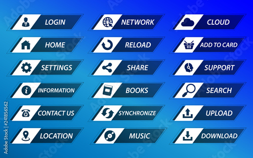 Set of transparent buttons with white inserts on a blue background. Vector buttons for web applications.