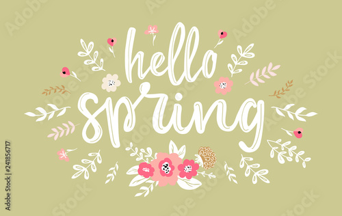 Hello Spring hand written lettering words.Hand drawn typography banner and spring season illustration with flowers and branches for greeting cards, tags, invitations, ad banners.