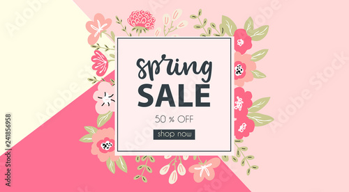Spring Sale typography promo banner with hand lettered word spring and decorated with flowers and geometrical background in fresh and modern spring colors © saltoli