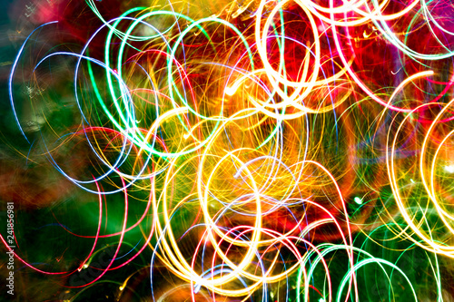 Abstract burred texture background of colorful bokeh motion. Long exposure of small neon lights