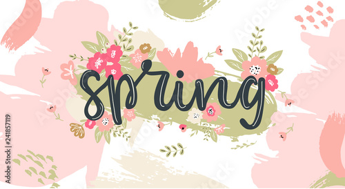 Spring hand written lettering word.Hand drawn typography banner and spring season illustration with flowers and branches for greeting cards,invitations, ad banners, with brush strokes on background