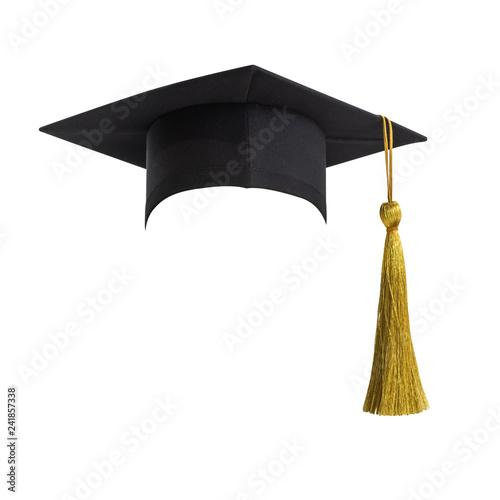 Graduation hat, Academic cap or Mortarboard in black isolated on white background with clipping path for educational hat design mockup and school commencement hat mock-up template