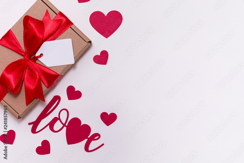 Valentines day romantic seamless white background, gift tag bow, present,love,hearts,copy text space