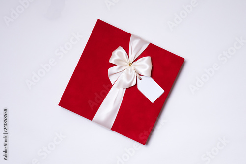 Fototapeta Naklejka Na Ścianę i Meble -  Valentines day romantic gift ribbon bow,gift tag,present, seamless white background,copy text space