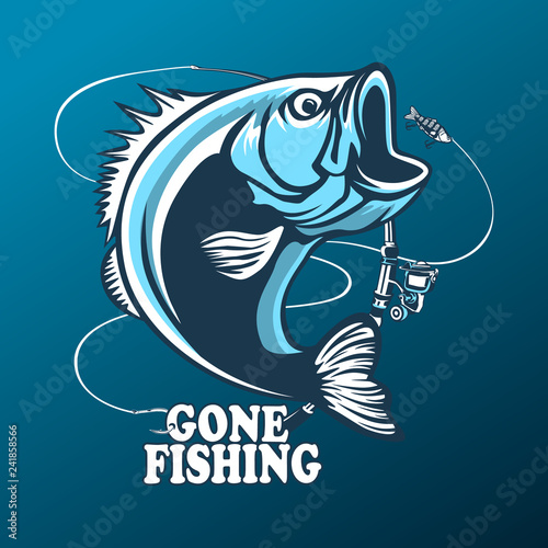 Fishing bass logo. Bass fish with rod club emblem. Fishing theme illustration. Fish Isolated on white.