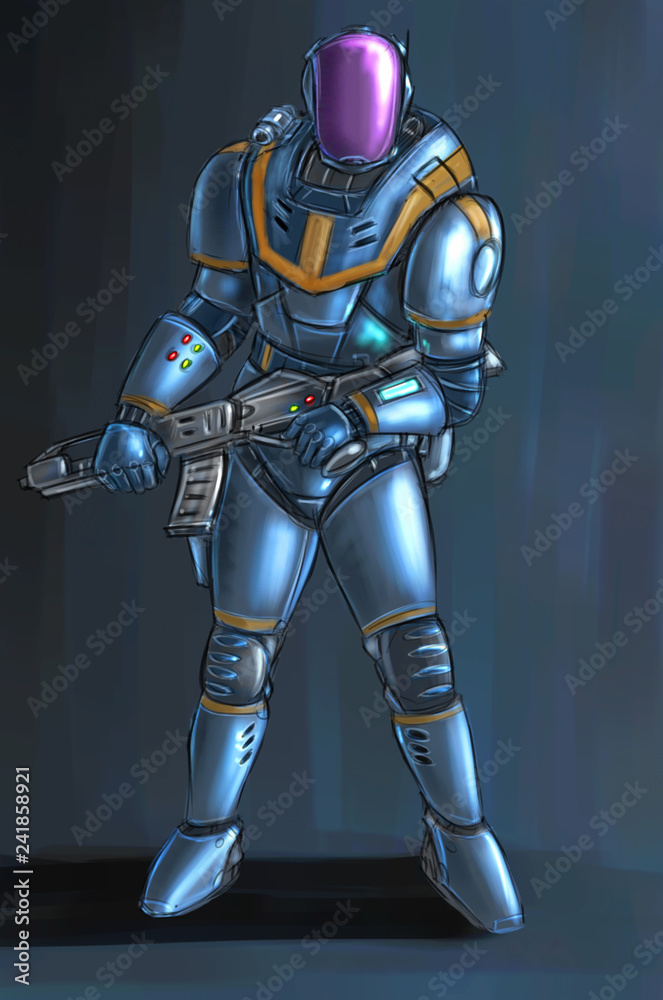 Concept art digital painting or illustration of science fiction futuristic military soldier character in armor or spacesuit holding rifle weapon.