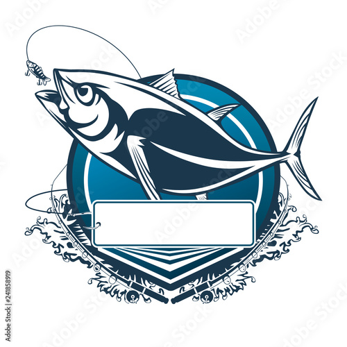 Tuna big fishing logo illustration. Tuna fish fishing vector emblem. Blue fin fish marine theme. Angry fish.