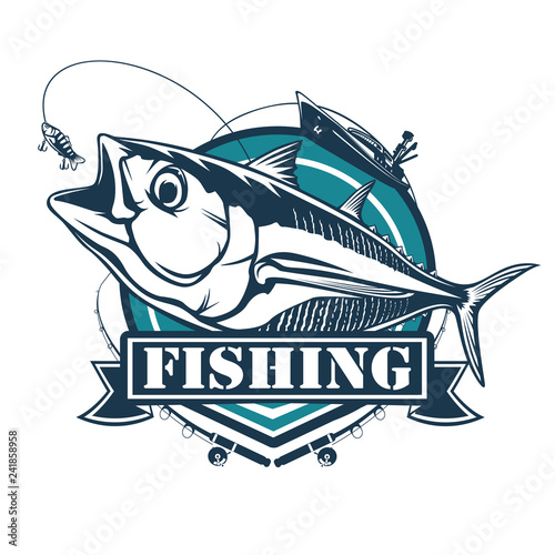 Tuna big fishing logo illustration. Tuna fish fishing vector emblem. Blue fin fish marine theme. Angry fish.