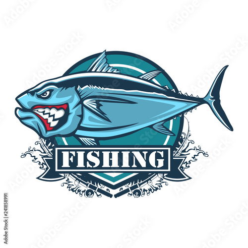 Tuna big fishing logo illustration. Tuna fish fishing vector emblem. Blue fin fish marine theme. Angry fish.
