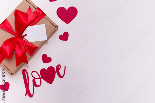 Valentines day romantic seamless white background, gift tag bow, present,love,hearts,copy text space