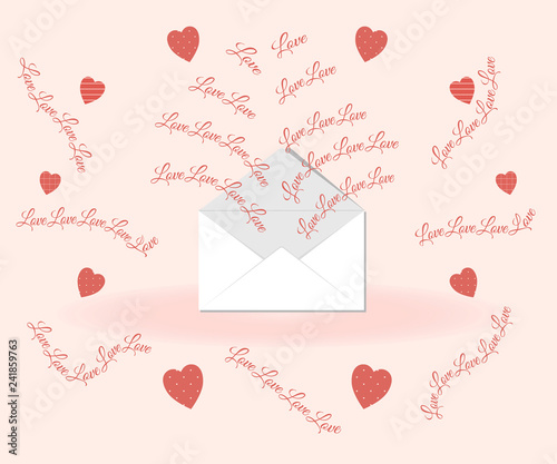 Valentine's day concept: love lettering flies out of the envelope on a pink background surrounded by original hearts in polka dots, stripes and checkered.Vector illustration