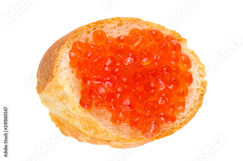 sandwich with red caviar, red caviar on baguette isolated on white background, close-up, top view