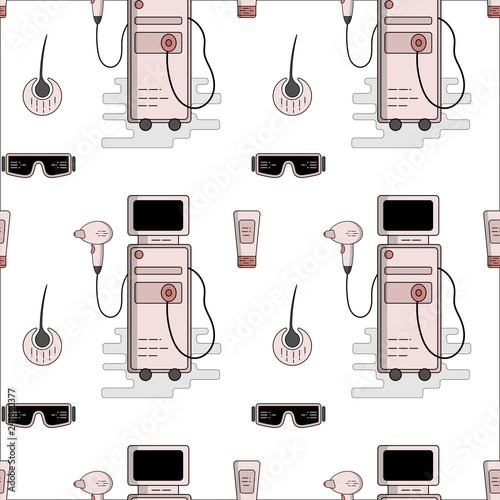 Simple seamless pattern of laser hair removal. Process of laser, photo and electro hair removal. Accessories and equipment for the procedure. Diode laser, sapphire tip