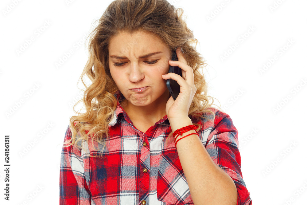 Portrait of Beautiful Young woman using mobile phone on white background Portrait of Beautiful Young woman using mobile phone on white background